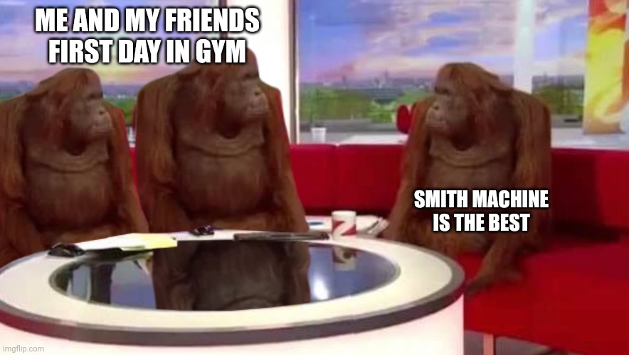 where monkey | ME AND MY FRIENDS FIRST DAY IN GYM; SMITH MACHINE IS THE BEST | image tagged in where monkey | made w/ Imgflip meme maker