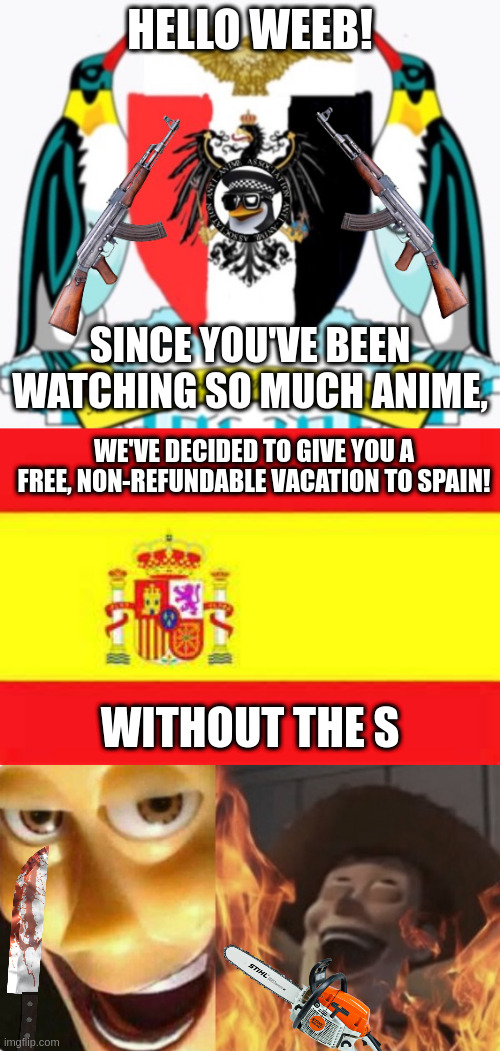 spain | HELLO WEEB! SINCE YOU'VE BEEN WATCHING SO MUCH ANIME, WE'VE DECIDED TO GIVE YOU A FREE, NON-REFUNDABLE VACATION TO SPAIN! WITHOUT THE S | image tagged in spain flag,satanic woody no spacing,yes i know this joke is overused,oh wow are you actually reading these tags | made w/ Imgflip meme maker