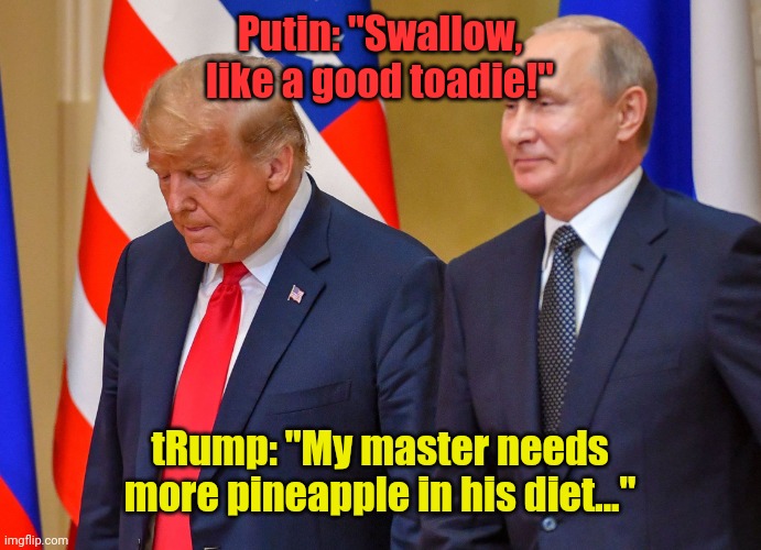 Drumpf and Putin at Helsinki | Putin: "Swallow, like a good toadie!"; tRump: "My master needs more pineapple in his diet..." | image tagged in drumpf and putin at helsinki | made w/ Imgflip meme maker