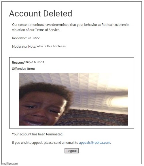 Banned for dumb bullshit | Account Deleted; 3/13/22; Who is this bitch-ass; Stupid bullshit | image tagged in moderation system,crying,roblox,banned | made w/ Imgflip meme maker