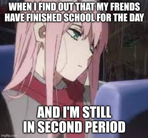 sad zero two | WHEN I FIND OUT THAT MY FRENDS HAVE FINISHED SCHOOL FOR THE DAY AND I'M STILL IN SECOND PERIOD | image tagged in sad zero two | made w/ Imgflip meme maker