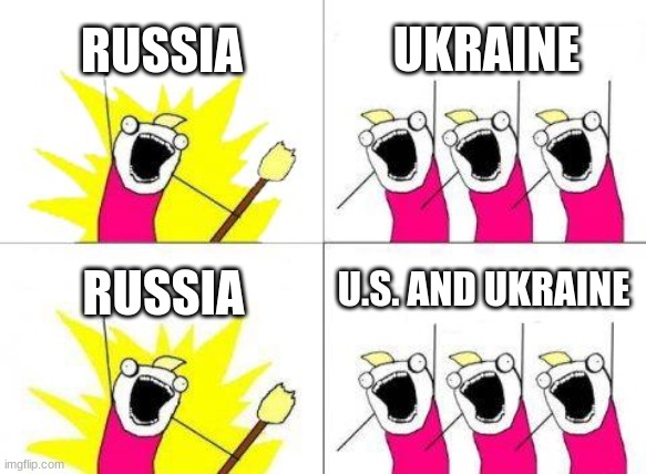 What Do We Want Meme | RUSSIA; UKRAINE; U.S. AND UKRAINE; RUSSIA | image tagged in memes,what do we want | made w/ Imgflip meme maker