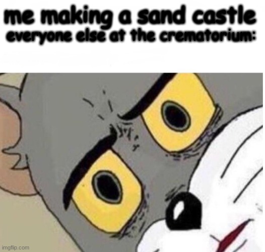 confused tom | me making a sand castle; everyone else at the crematorium: | image tagged in confused tom | made w/ Imgflip meme maker