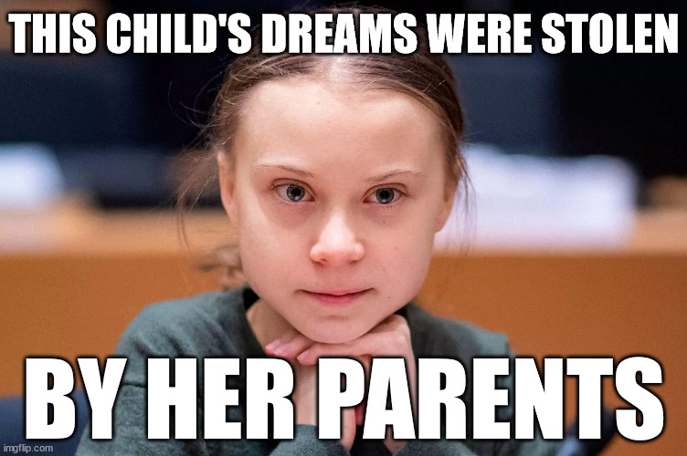 How dare I? |  THIS CHILD'S DREAMS WERE STOLEN; BY HER PARENTS | image tagged in greta,greta thunberg,ecofascist greta thunberg,feminism,how dare you,greta thunberg how dare you | made w/ Imgflip meme maker