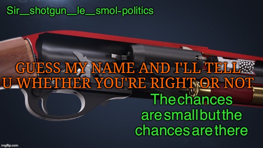 I mean username | GUESS MY NAME AND I'LL TELL U WHETHER YOU'RE RIGHT OR NOT | image tagged in shotgun template again | made w/ Imgflip meme maker