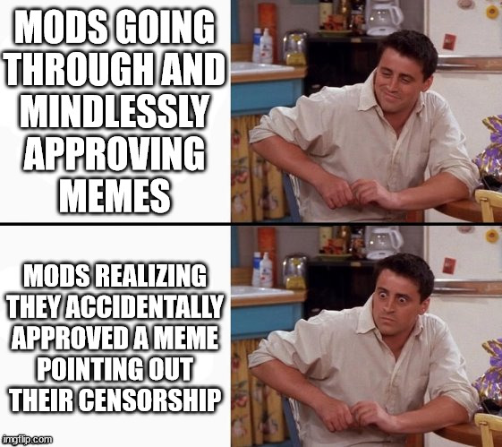 o gawd | MODS GOING
THROUGH AND
MINDLESSLY
APPROVING
MEMES; MODS REALIZING
THEY ACCIDENTALLY
APPROVED A MEME
POINTING OUT
THEIR CENSORSHIP | image tagged in comprehending joey,censorship,mods,moderators,imgflip mods,friends | made w/ Imgflip meme maker