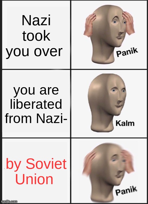 WW2 in a nutshell | Nazi took you over; you are liberated from Nazi-; by Soviet Union | image tagged in memes,panik kalm panik | made w/ Imgflip meme maker
