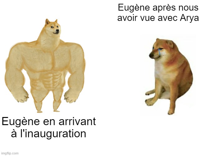 Buff Doge vs. Cheems Meme | Eugène après nous avoir vue avec Arya; Eugène en arrivant à l'inauguration | image tagged in memes,buff doge vs cheems | made w/ Imgflip meme maker
