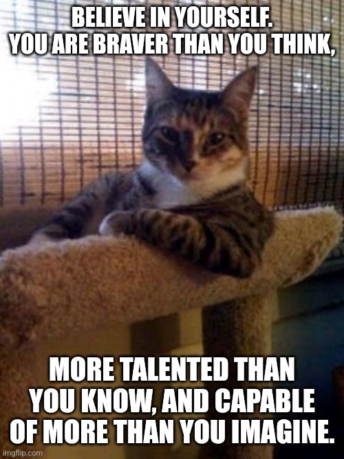 Optimist Cat | BELIEVE IN YOURSELF. YOU ARE BRAVER THAN YOU THINK, MORE TALENTED THAN YOU KNOW, AND CAPABLE OF MORE THAN YOU IMAGINE. | image tagged in the most interesting cat in the world,life lessons,affirmation,positive thinking,optimism,kitty | made w/ Imgflip meme maker
