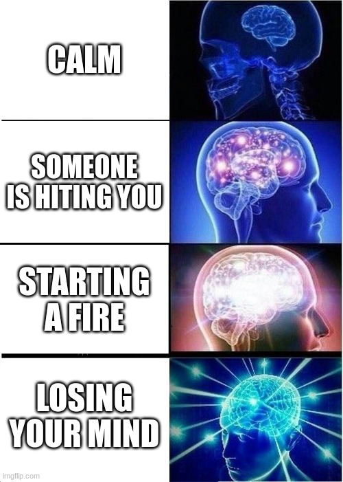 Exploding mind | CALM; SOMEONE IS HITING YOU; STARTING A FIRE; LOSING YOUR MIND | image tagged in memes,expanding brain | made w/ Imgflip meme maker