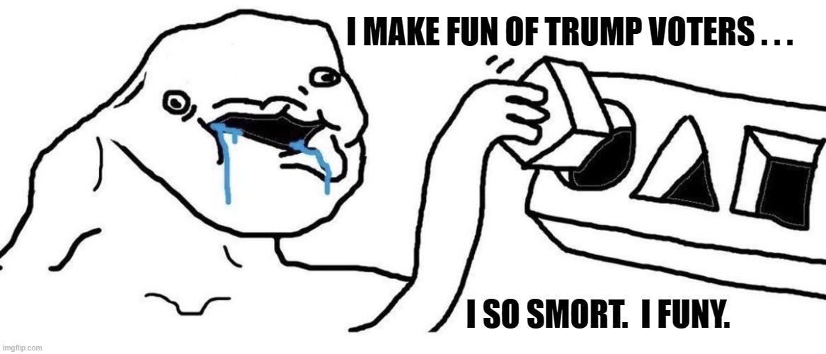 Brainlet blocks | I MAKE FUN OF TRUMP VOTERS . . . I SO SMORT.  I FUNY. | image tagged in brainlet blocks | made w/ Imgflip meme maker