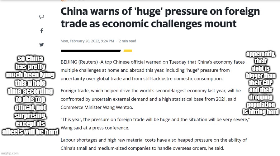 This is big for the world, because of this, it means China is actually on the verge of turmoil if chaos breaks out | so China has pretty much been lying this whole time according to this top offical, not surprising, except its affects will be hard; apperantly, their debt is bigger than their GDP and their dropping population is hitting hard | image tagged in china | made w/ Imgflip meme maker