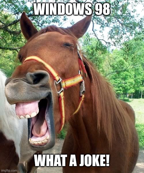 Laughing Horse | WINDOWS 98 WHAT A JOKE! | image tagged in laughing horse | made w/ Imgflip meme maker