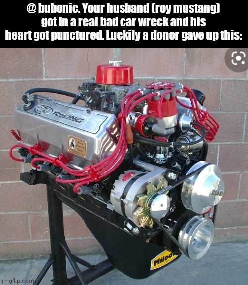 Its a ford 351 CUI V8. Even better than another 302 | @ bubonic. Your husband (roy mustang) got in a real bad car wreck and his heart got punctured. Luckily a donor gave up this: | image tagged in no replacement for displacement | made w/ Imgflip meme maker