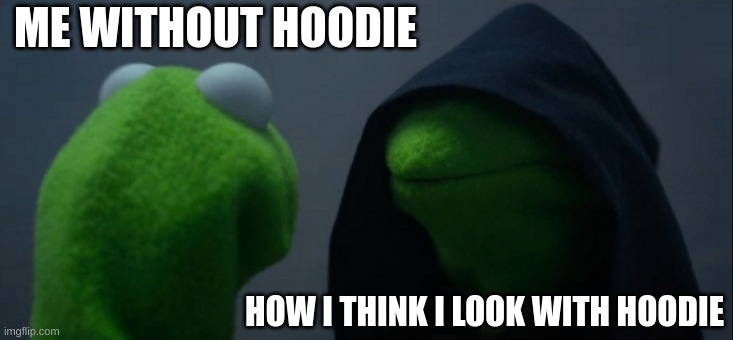 Hoodie memes are the next Amogus | ME WITHOUT HOODIE; HOW I THINK I LOOK WITH HOODIE | image tagged in memes,evil kermit | made w/ Imgflip meme maker