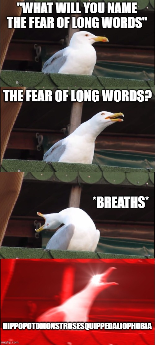 Inhaling Seagull | "WHAT WILL YOU NAME THE FEAR OF LONG WORDS"; THE FEAR OF LONG WORDS? *BREATHS*; HIPPOPOTOMONSTROSESQUIPPEDALIOPHOBIA | image tagged in memes,inhaling seagull | made w/ Imgflip meme maker