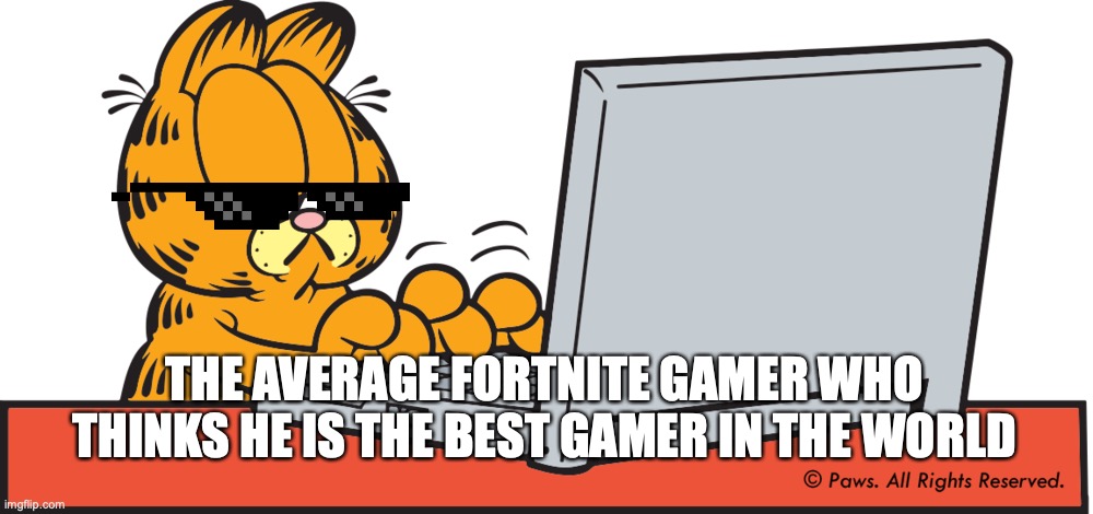 Garfield on computer | THE AVERAGE FORTNITE GAMER WHO THINKS HE IS THE BEST GAMER IN THE WORLD | image tagged in garfield on computer,fortnite,fortnite gamer,gaming | made w/ Imgflip meme maker