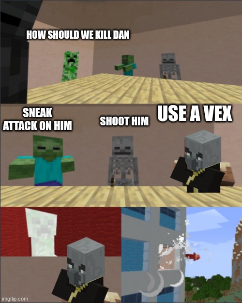 Minecraft boardroom meeting |  HOW SHOULD WE KILL DAN; SNEAK ATTACK ON HIM; USE A VEX; SHOOT HIM | image tagged in minecraft boardroom meeting | made w/ Imgflip meme maker