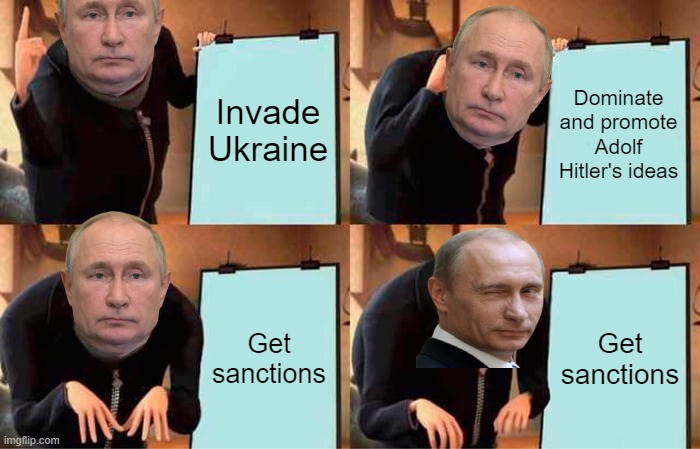 Master Plan | Invade Ukraine; Dominate and promote Adolf Hitler's ideas; Get sanctions; Get sanctions | image tagged in memes,gru's plan,vladimir putin,ukraine,world war 3,putin | made w/ Imgflip meme maker