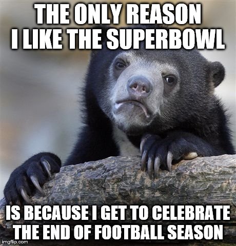 Confession Bear Meme | THE ONLY REASON I LIKE THE SUPERBOWL  IS BECAUSE I GET TO CELEBRATE THE END OF FOOTBALL SEASON | image tagged in memes,confession bear,memes | made w/ Imgflip meme maker