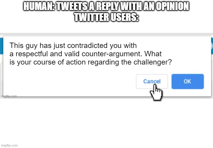 cancel or ok | HUMAN: TWEETS A REPLY WITH AN OPINION
TWITTER USERS:; This guy has just contradicted you with a respectful and valid counter-argument. What is your course of action regarding the challenger? | image tagged in cancel or ok | made w/ Imgflip meme maker