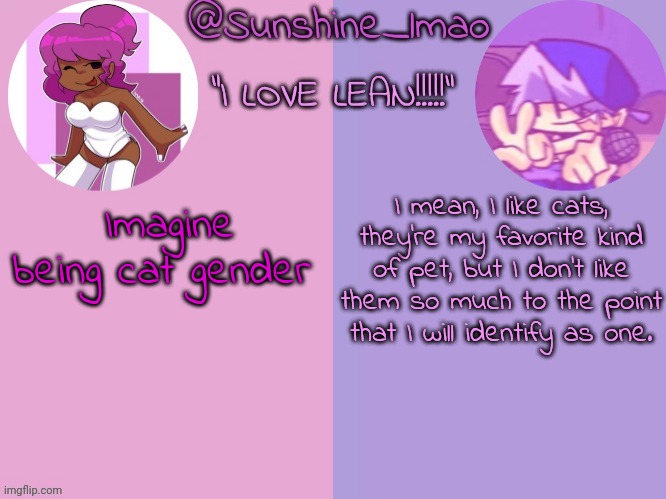 Sunshine's lean temp idek | I mean, I like cats, they're my favorite kind of pet, but I don't like them so much to the point that I will identify as one. Imagine being cat gender | image tagged in sunshine's lean temp idek | made w/ Imgflip meme maker