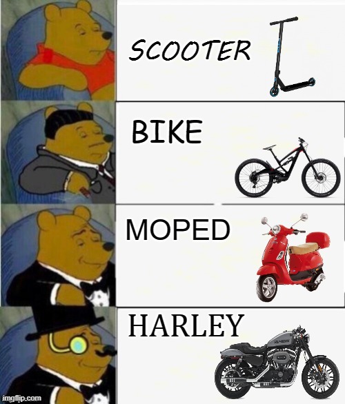 Vicious Cycle | SCOOTER; BIKE; MOPED; HARLEY | image tagged in tuxedo winnie the pooh 4 panel,bike,bicycle,scooter,motorcycle,harley davidson | made w/ Imgflip meme maker