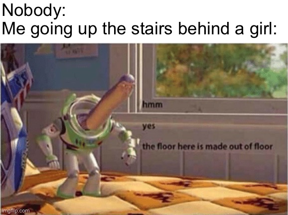 hmm yes the ceiling here is made out of ceiling |  Nobody:
Me going up the stairs behind a girl: | image tagged in hmm yes the floor here is made out of floor,funny,memes,funny memes,barney will eat all of your delectable biscuits,girl | made w/ Imgflip meme maker