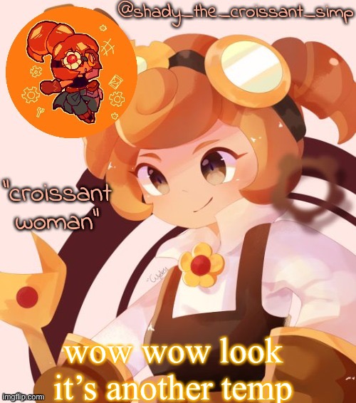 wow wow look it’s another temp | image tagged in yet another croissant woman temp thank syoyroyoroi | made w/ Imgflip meme maker