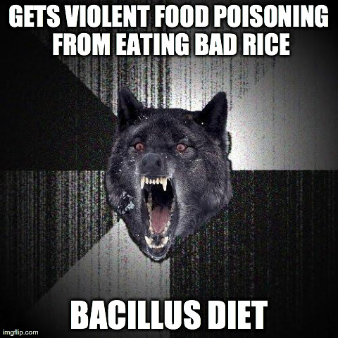 Insanity Wolf | GETS VIOLENT FOOD POISONING FROM EATING BAD RICE BACILLUS DIET | image tagged in memes,insanity wolf,AdviceAnimals | made w/ Imgflip meme maker