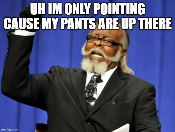 Pants | UH IM ONLY POINTING CAUSE MY PANTS ARE UP THERE | image tagged in memes,too damn high | made w/ Imgflip meme maker