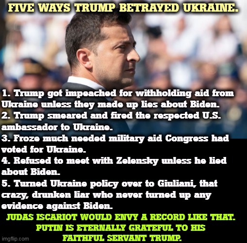 Trump is not tougher than Biden. Trump talks tough, but he's weak as water. | FIVE WAYS TRUMP BETRAYED UKRAINE. 1. Trump got impeached for withholding aid from 
Ukraine unless they made up lies about Biden.

2. Trump smeared and fired the respected U.S.
ambassador to Ukraine.

3. Froze much needed military aid Congress had 
voted for Ukraine.

4. Refused to meet with Zelensky unless he lied 
about Biden.

5. Turned Ukraine policy over to Giuliani, that 
crazy, drunken liar who never turned up any 
evidence against Biden. JUDAS ISCARIOT WOULD ENVY A RECORD LIKE THAT. 
PUTIN IS ETERNALLY GRATEFUL TO HIS 
FAITHFUL SERVANT TRUMP. | image tagged in trump,betrayed,ukraine,zelensky,putin,slave | made w/ Imgflip meme maker
