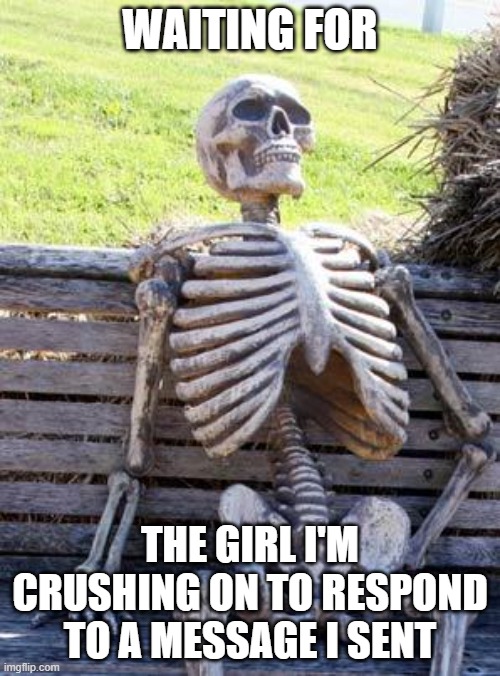 is this relatable? | WAITING FOR; THE GIRL I'M CRUSHING ON TO RESPOND TO A MESSAGE I SENT | image tagged in memes,waiting skeleton,crush,funny memes,relatable,relatable memes | made w/ Imgflip meme maker