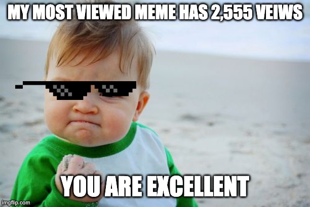 :) | MY MOST VIEWED MEME HAS 2,555 VEIWS; YOU ARE EXCELLENT | image tagged in memes,success kid original | made w/ Imgflip meme maker