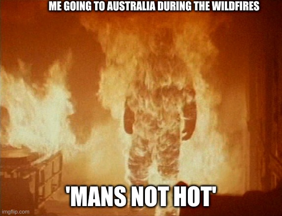 Aussie 2020 |  ME GOING TO AUSTRALIA DURING THE WILDFIRES; 'MANS NOT HOT' | image tagged in 2020,australia,wildfires | made w/ Imgflip meme maker