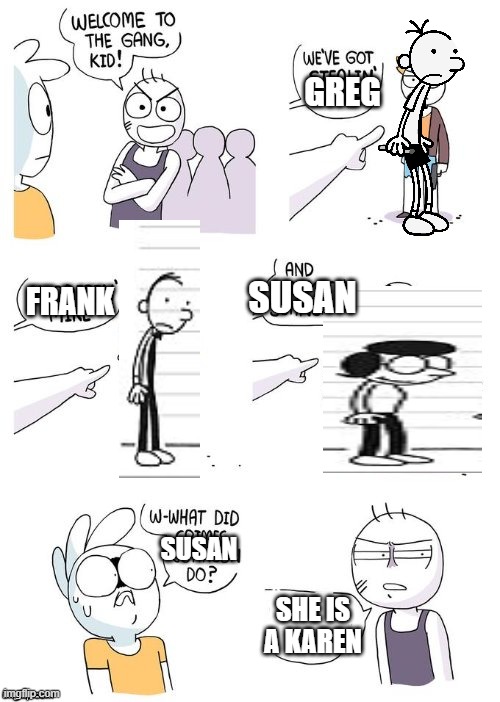 I spent way too much time on this | GREG; SUSAN; FRANK; SUSAN; SHE IS A KAREN | image tagged in crimes johnson,greg,karen | made w/ Imgflip meme maker