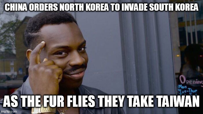 Roll Safe Think About It Meme | CHINA ORDERS NORTH KOREA TO INVADE SOUTH KOREA; AS THE FUR FLIES THEY TAKE TAIWAN | image tagged in memes,roll safe think about it | made w/ Imgflip meme maker