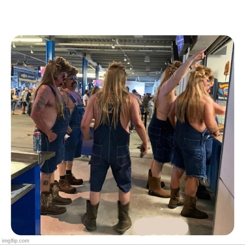 Redneck gang | image tagged in redneck,mullets,overalls,bibs,hillbilly | made w/ Imgflip meme maker