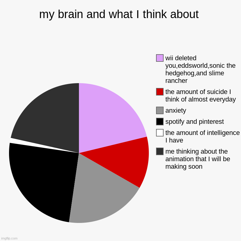 the truth about me | my brain and what I think about | me thinking about the animation that I will be making soon, the amount of intelligence I have, spotify and | image tagged in charts,pie charts | made w/ Imgflip chart maker