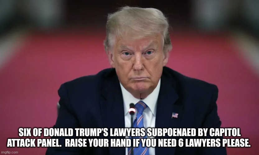 Only criminals plead the 5th | SIX OF DONALD TRUMP’S LAWYERS SUBPOENAED BY CAPITOL ATTACK PANEL.  RAISE YOUR HAND IF YOU NEED 6 LAWYERS PLEASE. | made w/ Imgflip meme maker