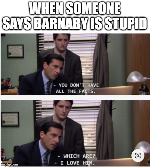 i love barnaby |  WHEN SOMEONE SAYS BARNABY IS STUPID | image tagged in all the facts | made w/ Imgflip meme maker