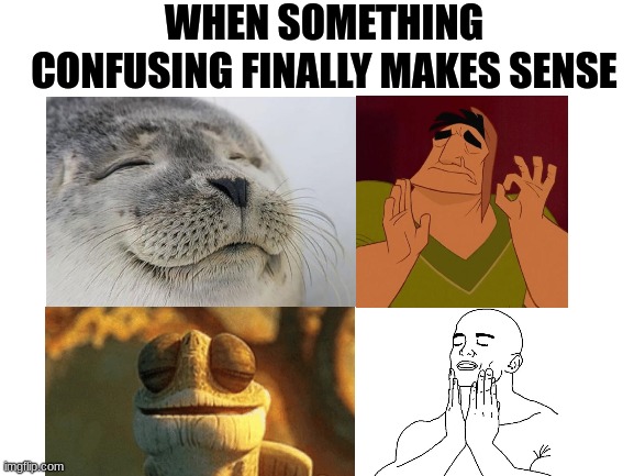 The ultimate satisfaction meme | WHEN SOMETHING CONFUSING FINALLY MAKES SENSE | image tagged in blank white template,satisfied seal,just right,finally inner peace,memes,satisfaction | made w/ Imgflip meme maker