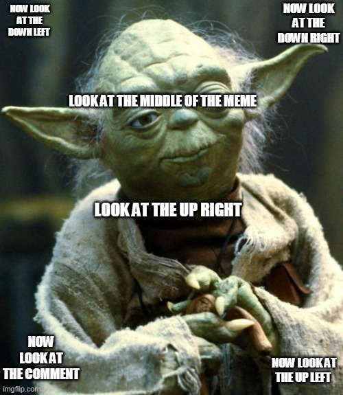 hehe | NOW LOOK AT THE DOWN RIGHT; NOW LOOK AT THE DOWN LEFT; LOOK AT THE MIDDLE OF THE MEME; LOOK AT THE UP RIGHT; NOW LOOK AT THE COMMENT; NOW LOOK AT THE UP LEFT | image tagged in memes,star wars yoda | made w/ Imgflip meme maker
