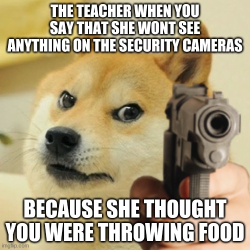 Doge holding a gun | THE TEACHER WHEN YOU SAY THAT SHE WONT SEE ANYTHING ON THE SECURITY CAMERAS; BECAUSE SHE THOUGHT YOU WERE THROWING FOOD | image tagged in doge holding a gun | made w/ Imgflip meme maker