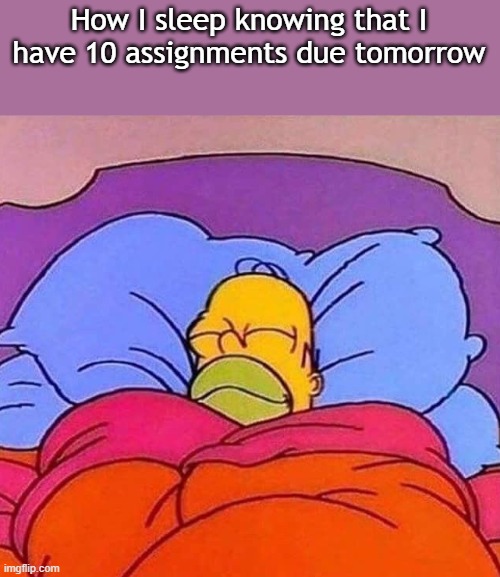 School meme | How I sleep knowing that I have 10 assignments due tomorrow | image tagged in homer simpson sleeping peacefully,memes,school memes,homework | made w/ Imgflip meme maker