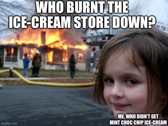 Hehe ICE-CREAM | WHO BURNT THE ICE-CREAM STORE DOWN? ME, WHO DIDN’T GET MINT CHOC CHIP ICE-CREAM | image tagged in memes,disaster girl | made w/ Imgflip meme maker