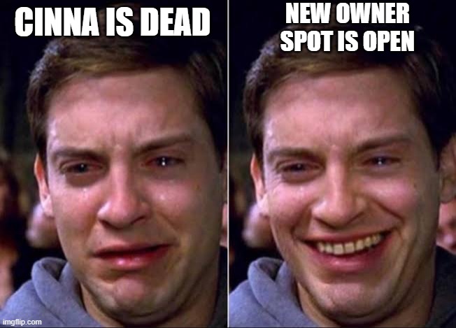 Spiderman crying | NEW OWNER SPOT IS OPEN; CINNA IS DEAD | image tagged in spiderman crying | made w/ Imgflip meme maker