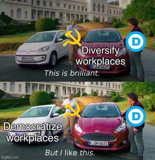 Workplace democracy! | Diversify workplaces; Democratize workplaces | image tagged in this is brilliant but i like this,democracy,democratization,socialism,communism,liberals | made w/ Imgflip meme maker