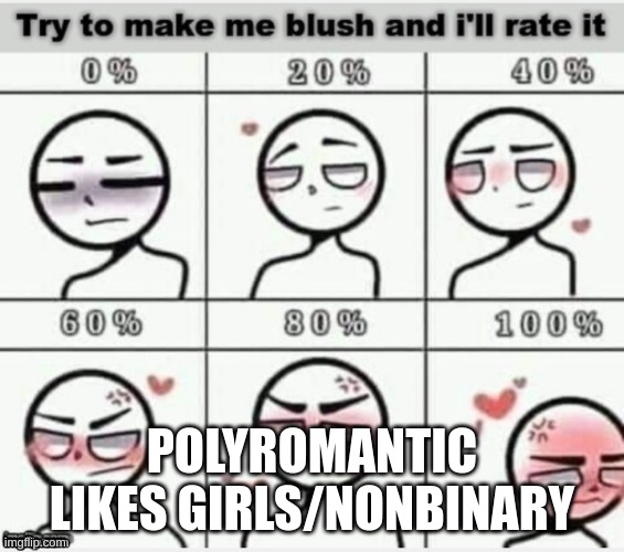 Make me blush | POLYROMANTIC LIKES GIRLS/NONBINARY | image tagged in make me blush | made w/ Imgflip meme maker