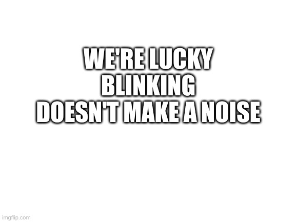 For real though | WE'RE LUCKY BLINKING DOESN'T MAKE A NOISE | image tagged in blank white template | made w/ Imgflip meme maker